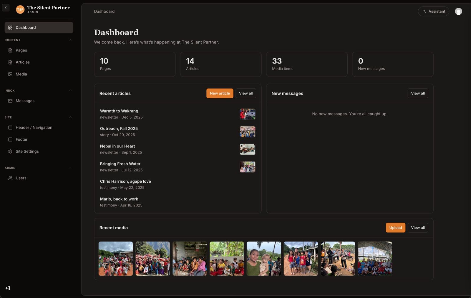 The Silent Partner admin dashboard with page and article counts, recent articles, and an AI assistant button