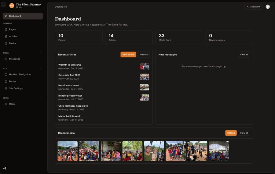 The Silent Partner admin dashboard with page and article counts, recent articles, and an AI assistant button
