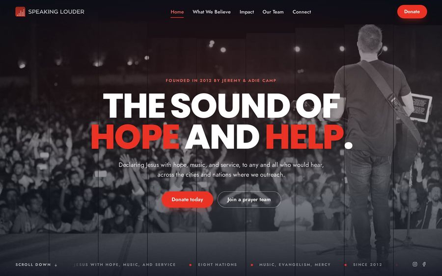 The Speaking Louder homepage: the sound of hope and help, over a photo of Jeremy Camp in front of a crowd