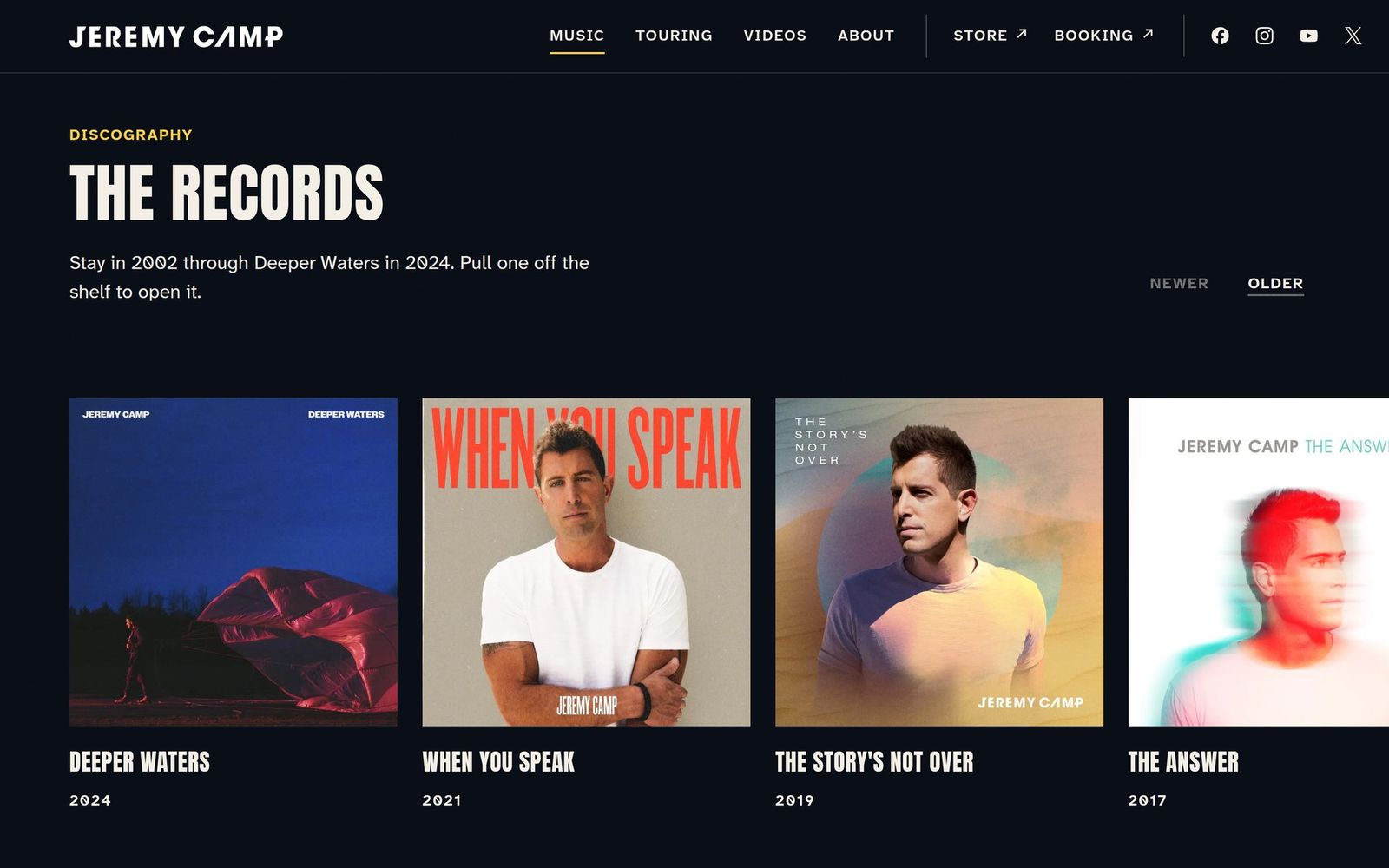 The Records shelf on the Music page, from Deeper Waters back to The Answer