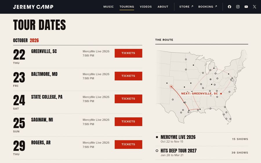 The Tour dates list for October 2026 with ticket buttons, beside a map of the tour route