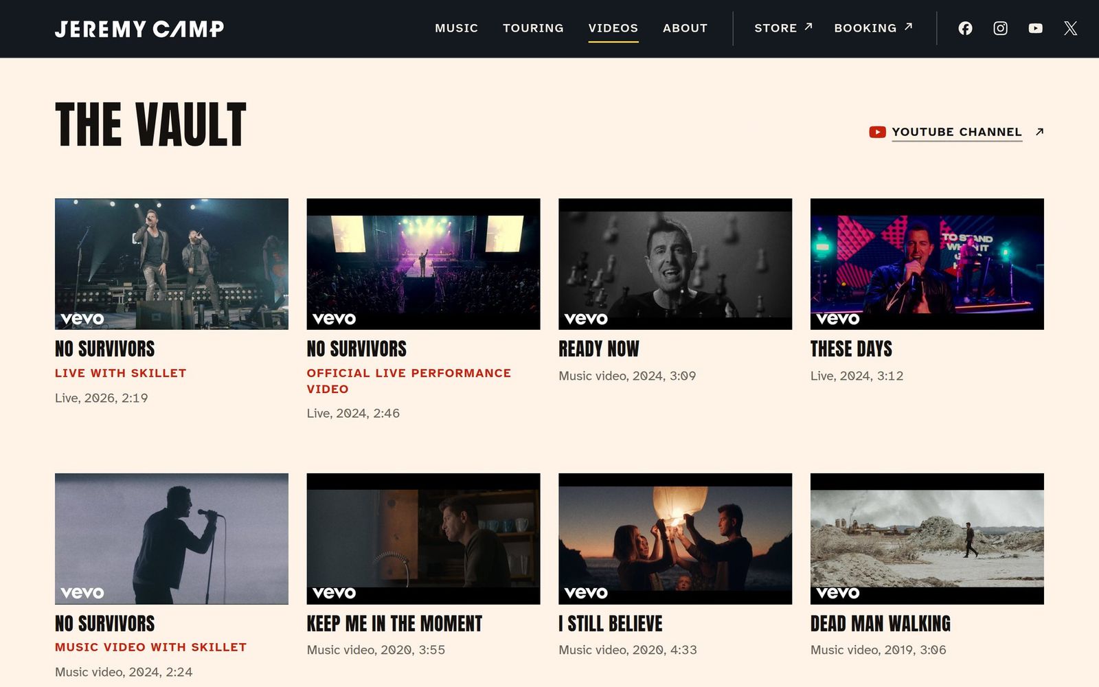 The Vault on the Videos page: a grid of music and live videos