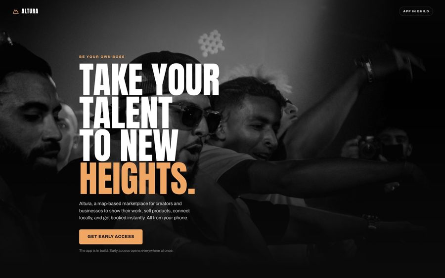 Altura homepage: take your talent to new heights, over a black and white photo of a crowd of creators