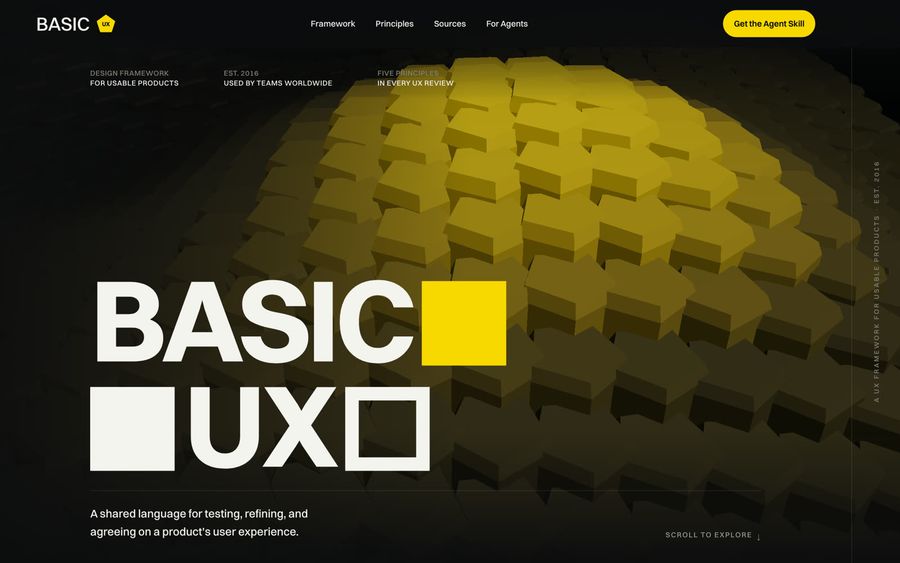 BASIC UX homepage: a UX framework for usable products, established 2016