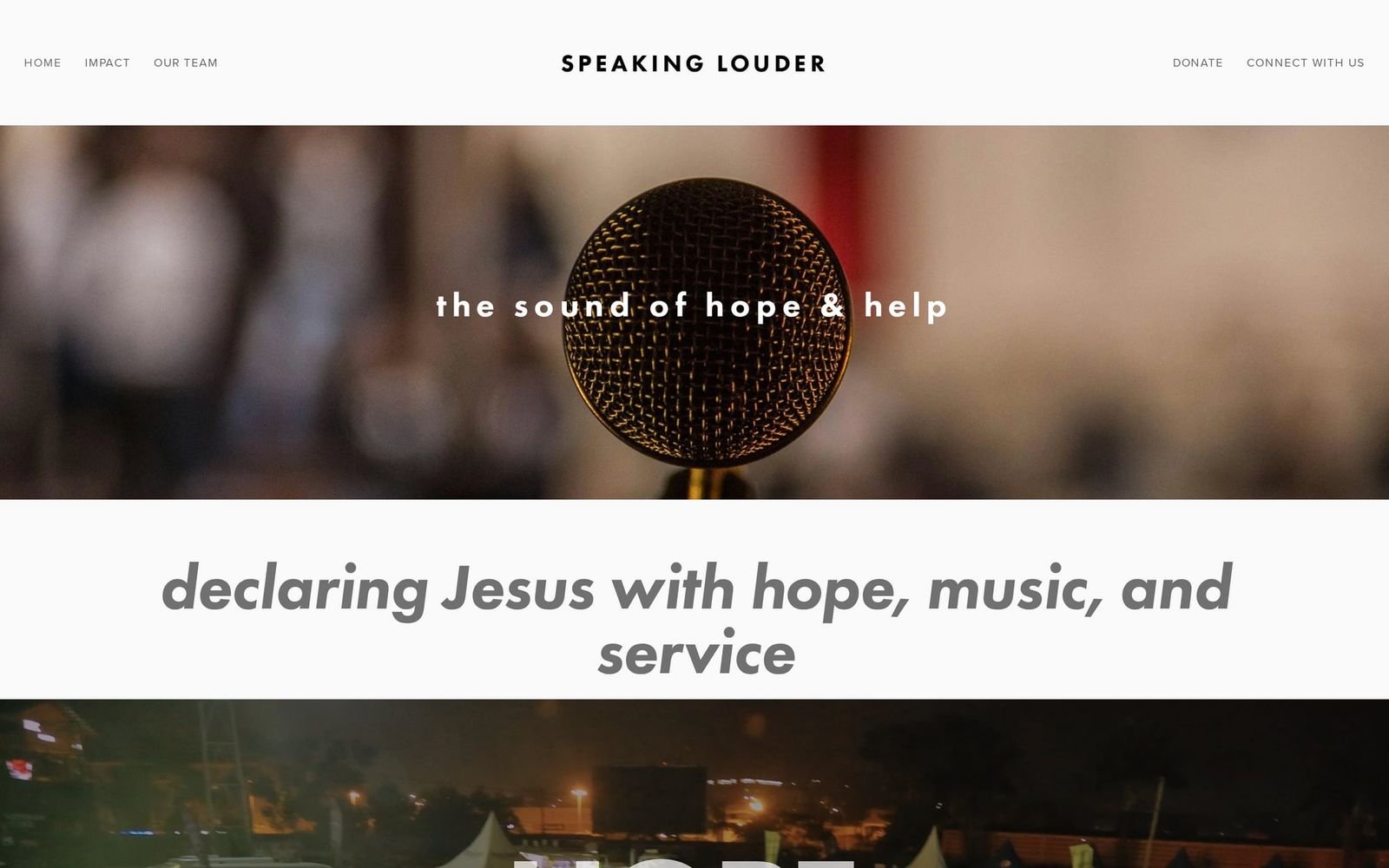The Speaking Louder homepage: the sound of hope and help, over a photo of Jeremy Camp in front of a crowd, the Squarespace site it replaced