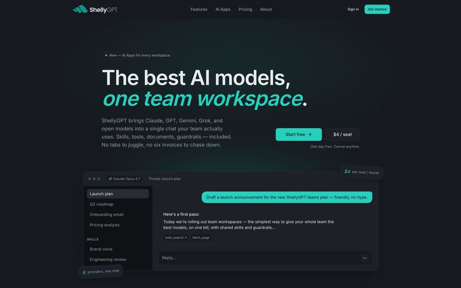ShellyGPT homepage in dark mode: the best AI models, one team workspace, with a chat thread using Claude