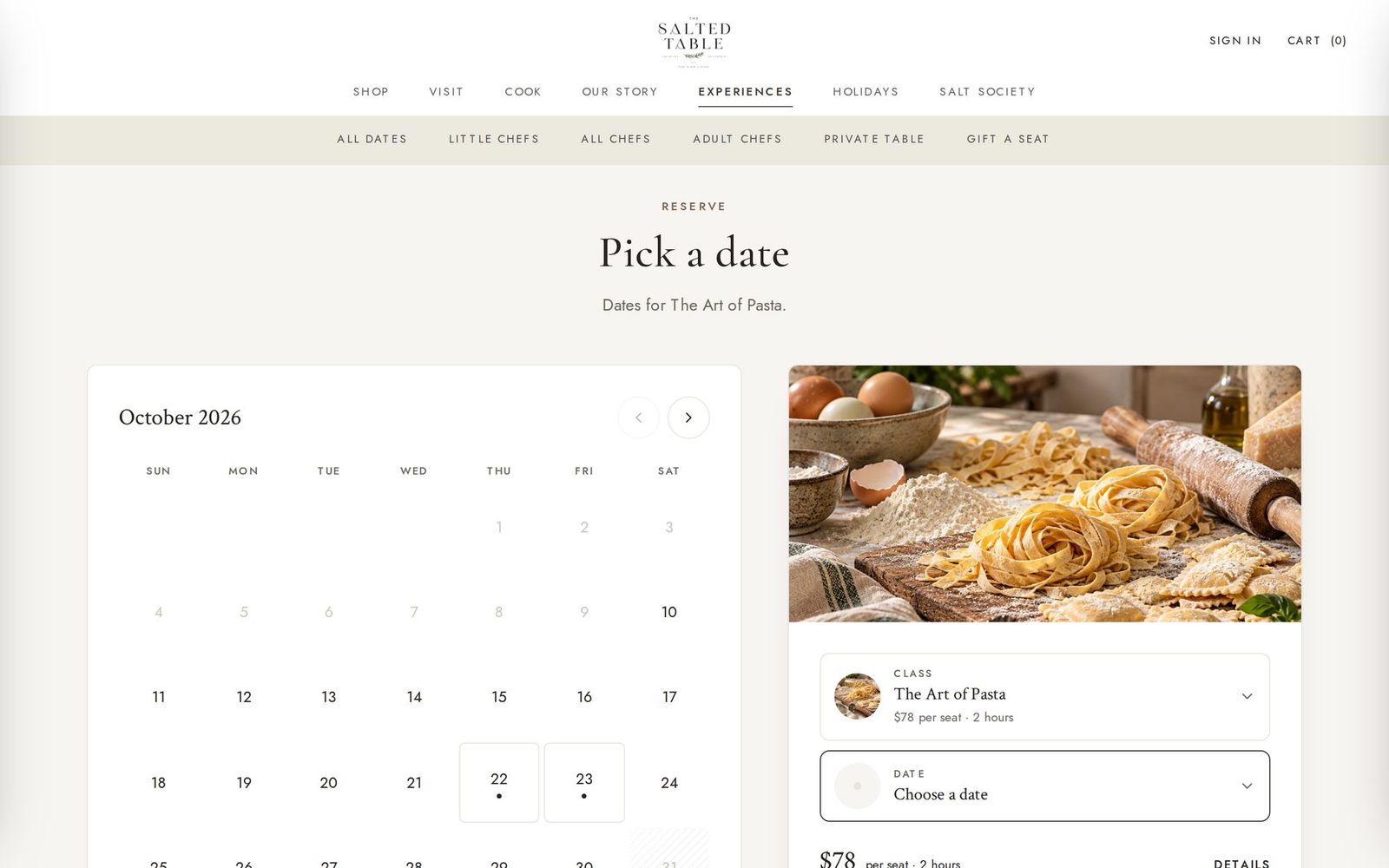 The booking calendar for The Art of Pasta in October 2026, with dates on the 22nd and 23rd