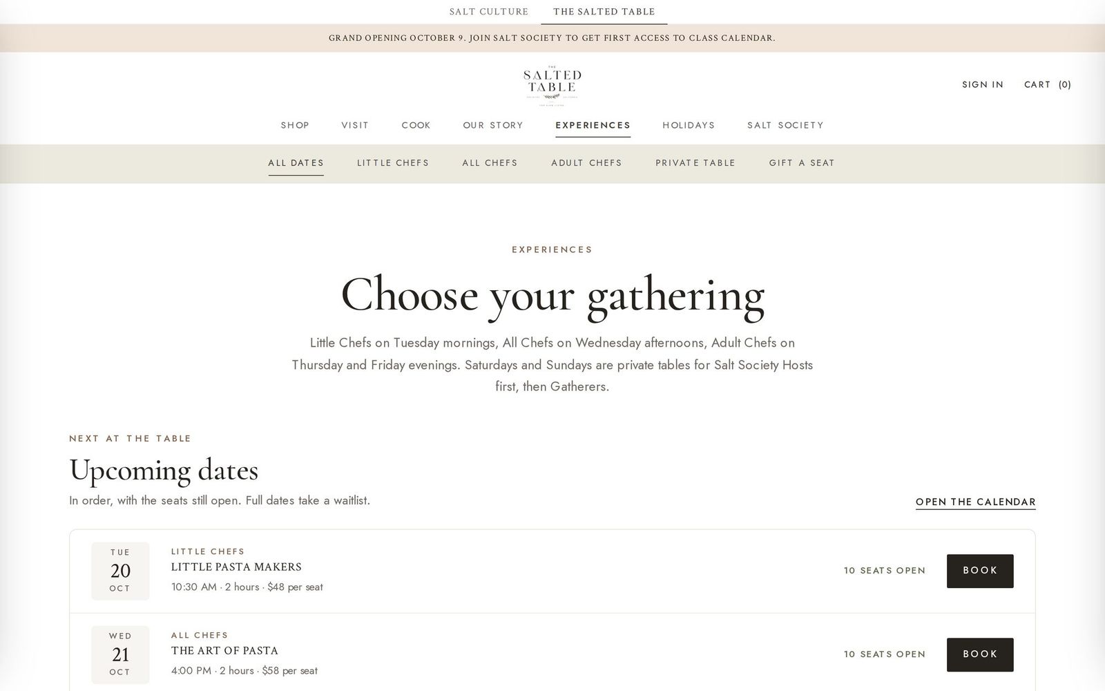The Experiences page: upcoming dates in order, each with the seats open and a Book button