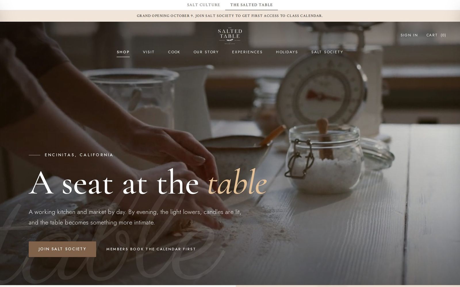 The Salted Table homepage: A seat at the table, with the switch between Salt Culture and The Salted Table above the announcement bar