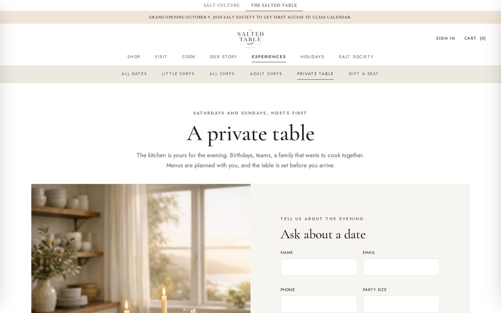 The private table page, with an inquiry form beside a candlelit kitchen window
