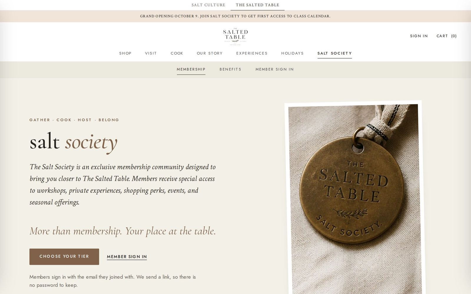 The Salt Society membership page, beside a brass Salt Society medallion