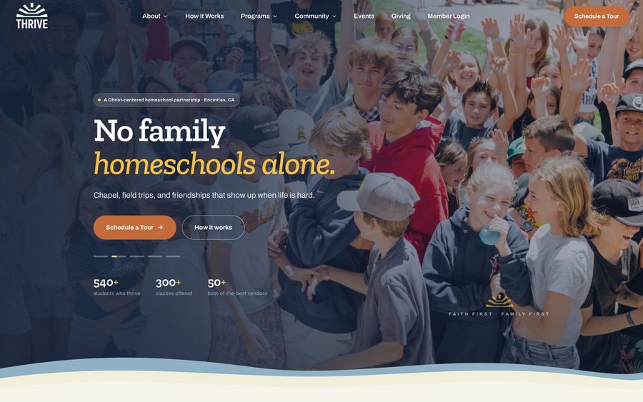 Thrive Learning Center homepage: No family homeschools alone, over a photo of students cheering