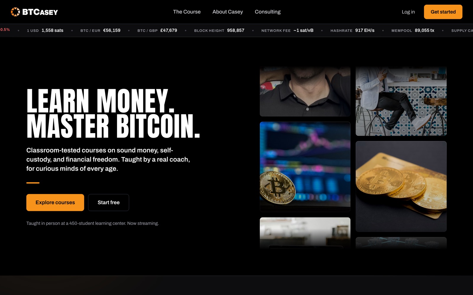 BTC Casey homepage: Learn money. Master Bitcoin., with a live Bitcoin network ticker