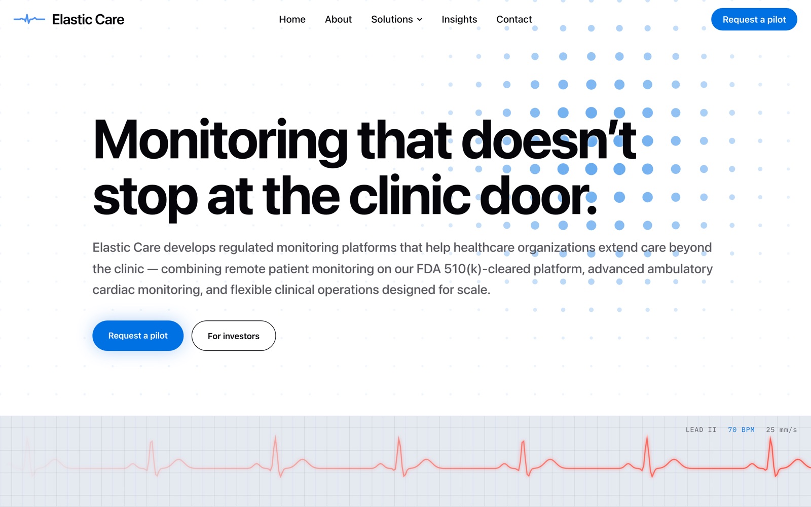 Elastic Care homepage: Monitoring that doesn't stop at the clinic door, with an ECG trace