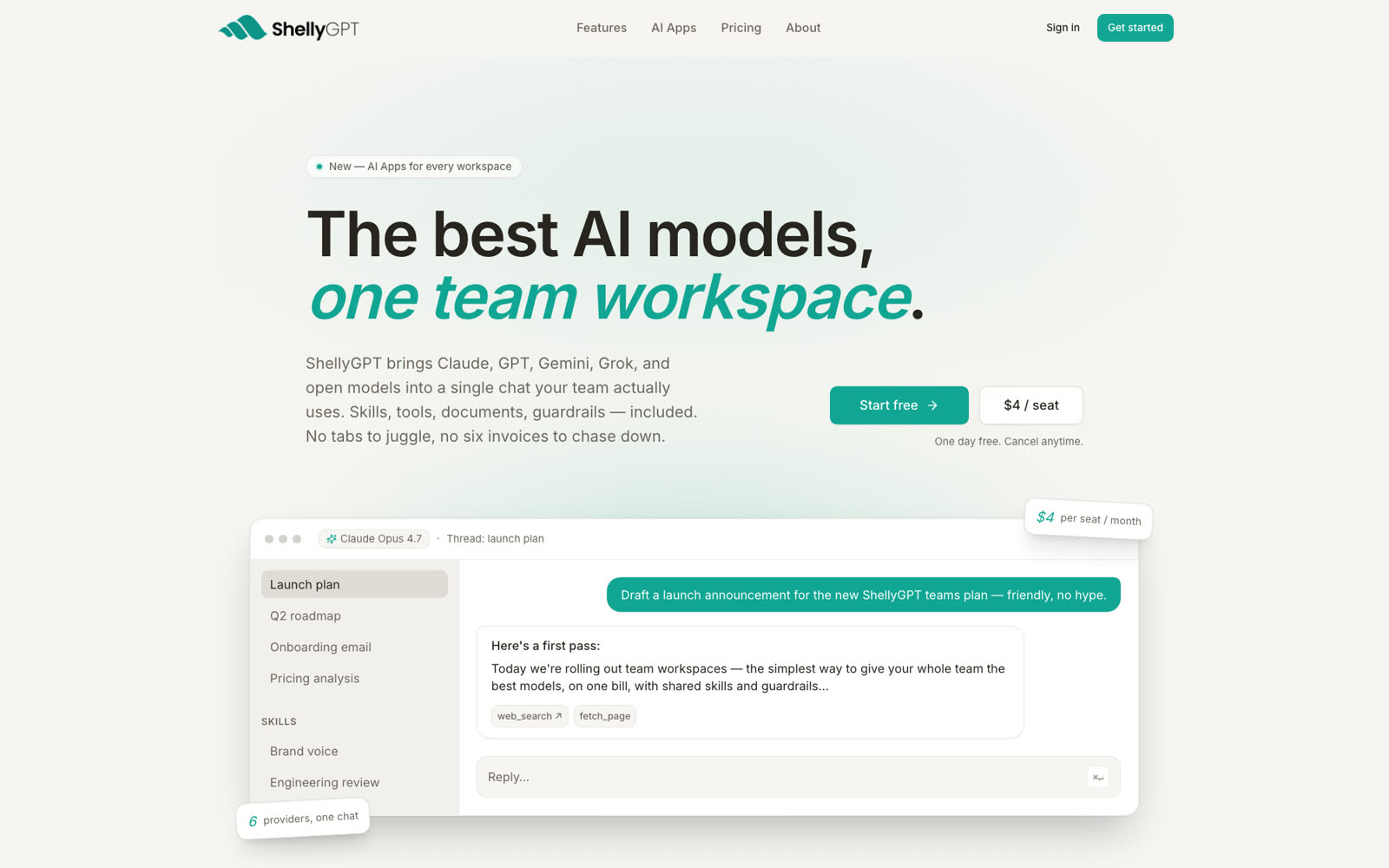 ShellyGPT homepage: the best AI models, one team workspace, with a chat thread using Claude