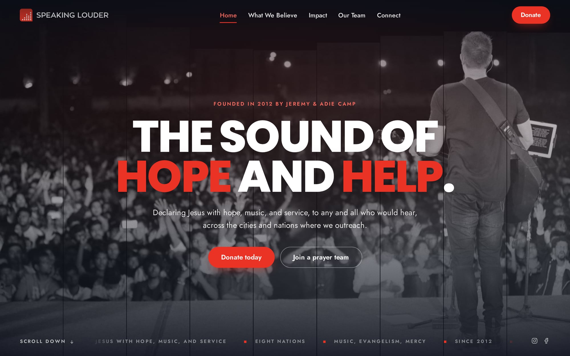 The Speaking Louder homepage: the sound of hope and help, over a photo of Jeremy Camp in front of a crowd